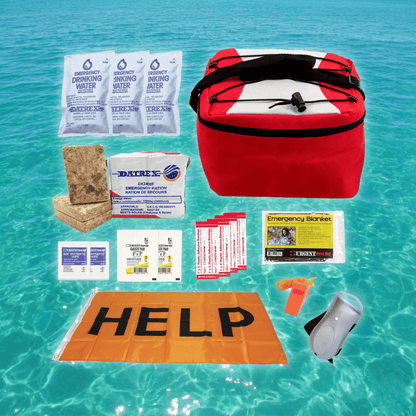 Red emergency kit bag with water sachets, emergency blanket, and orange HELP mat