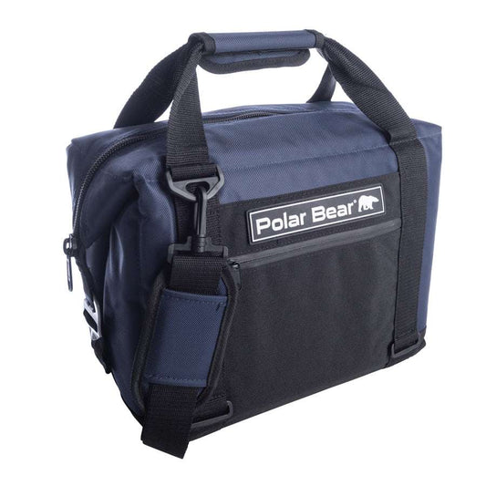 Navy nylon soft cooler bag with top handle, front logo patch, and zip pocket
