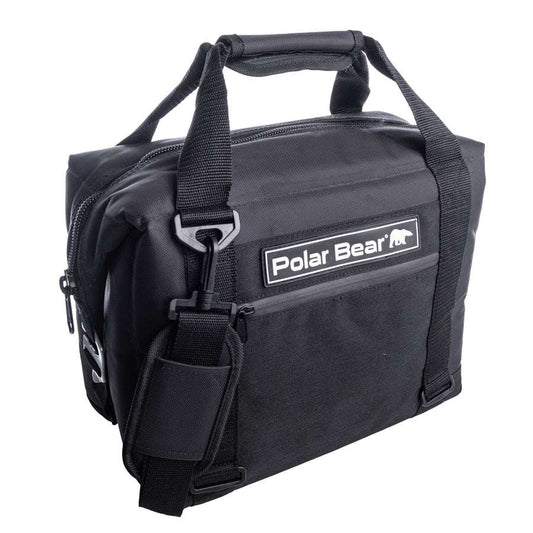 Black nylon soft cooler bag with top handle and front zip pocket