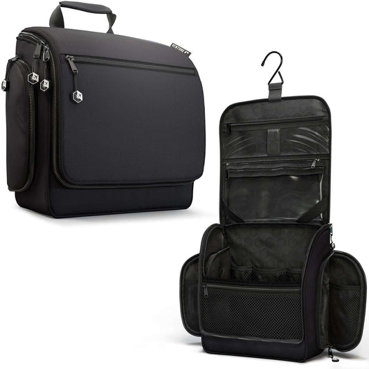 Hanging travel toiletry bag in dark color with front zip pocket and side mesh holders