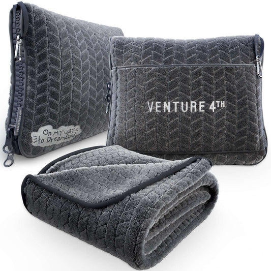 Gray micro plush travel blanket and pillow set, folded blanket with zippered pillow case