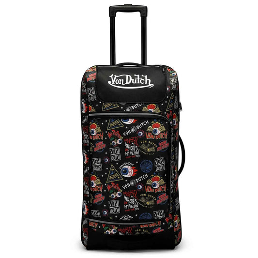 Black rolling duffel with multicolor graphic panels and upright trolley handle