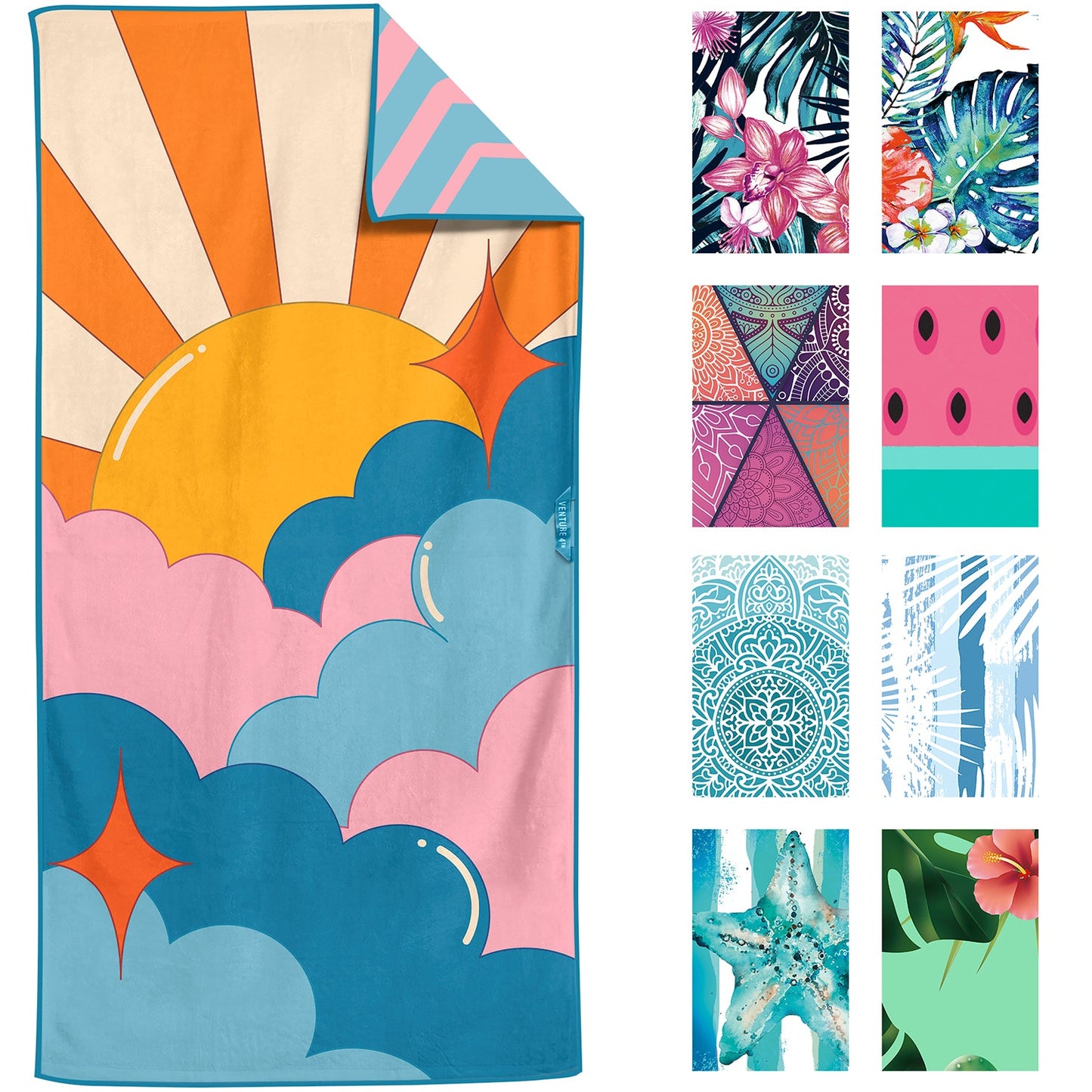 VENTURE 4TH Oversized Microfiber Beach Towel | 78"x35" | Quick-Dry | 31 Designs - Niksstuff