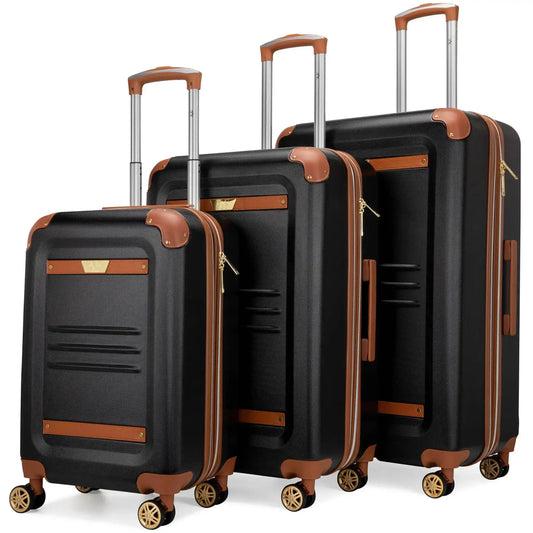 Black 3-piece expandable luggage set with brown trim and multi-direction spinner wheels