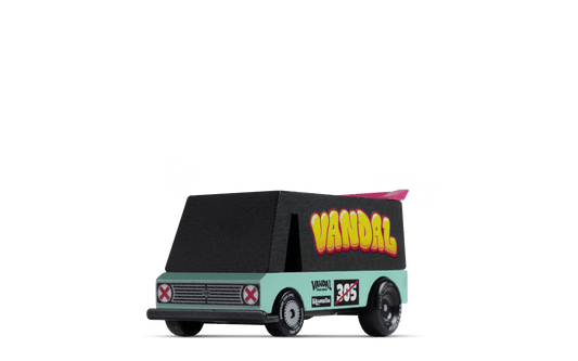 Candylab toy car: teal body, 'VANDAL' graffiti, pink spoiler, number 305