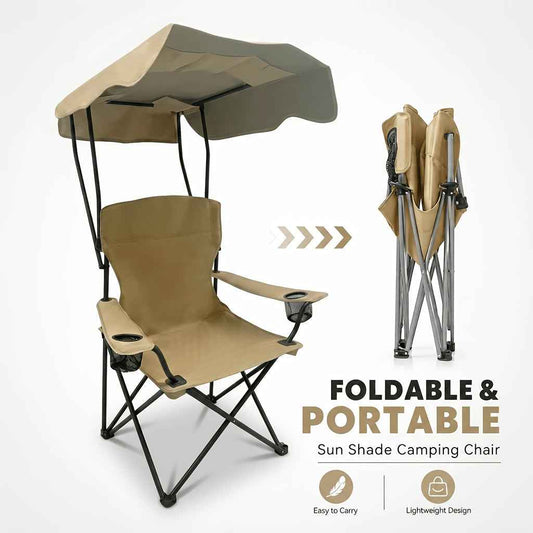 Khaki folding camping chair with canopy and side cup holder pocket