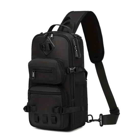 Black anti-theft sling bag with crossbody strap, multiple zip pockets and front buckle panel.