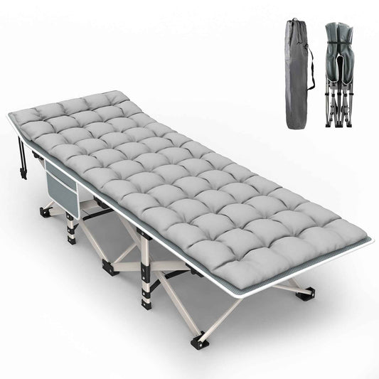 Folding camping cot bed with gray soft padded mattress and metal frame