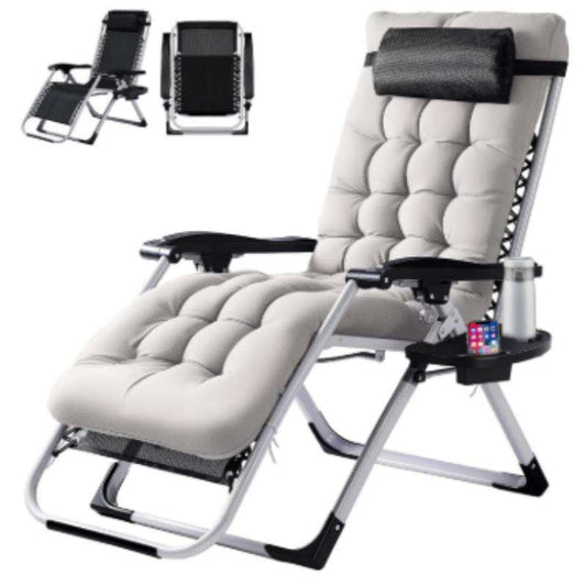 Gray recliner lounge chair with padded back, footrest, foldable frame, and cup holder