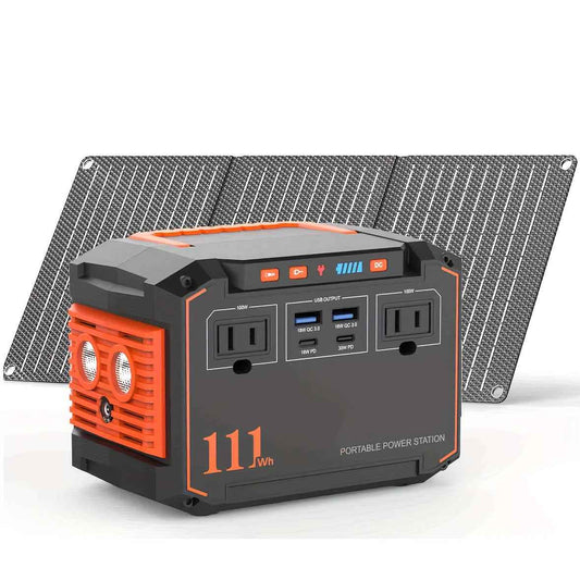 Portable power station with 30W foldable solar panel, 111Wh, orange-and-black inverter ports