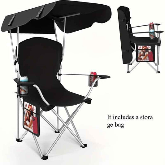 Black portable folding camping chair with sun canopy, armrests, and side pocket