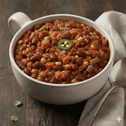 Bowl of hearty vegetable chili with beans, corn, and green peppers