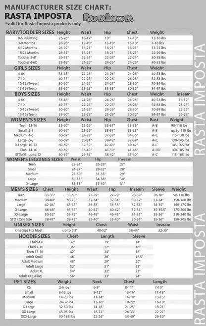 Size chart for adult and kids costumes with measurements by chest, waist, hip