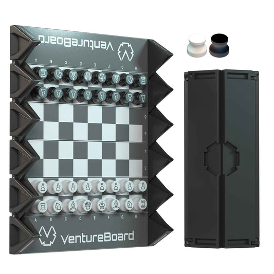 Noir magnetic roll-up chess set with hinged board, chess pieces, and foldable case.