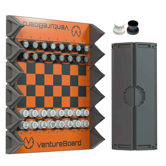 Fire orange and black magnetic roll-up travel chess set with checkerboard board and pieces