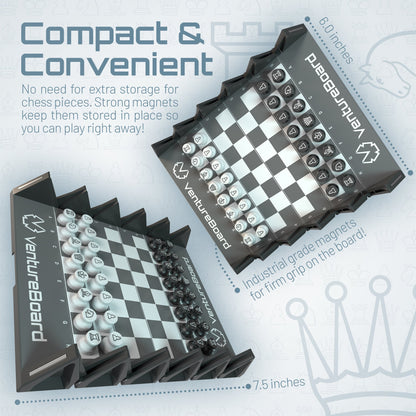 VentureBoard Mini Chess - Magnetic Roll-Up Travel Set, Noir
