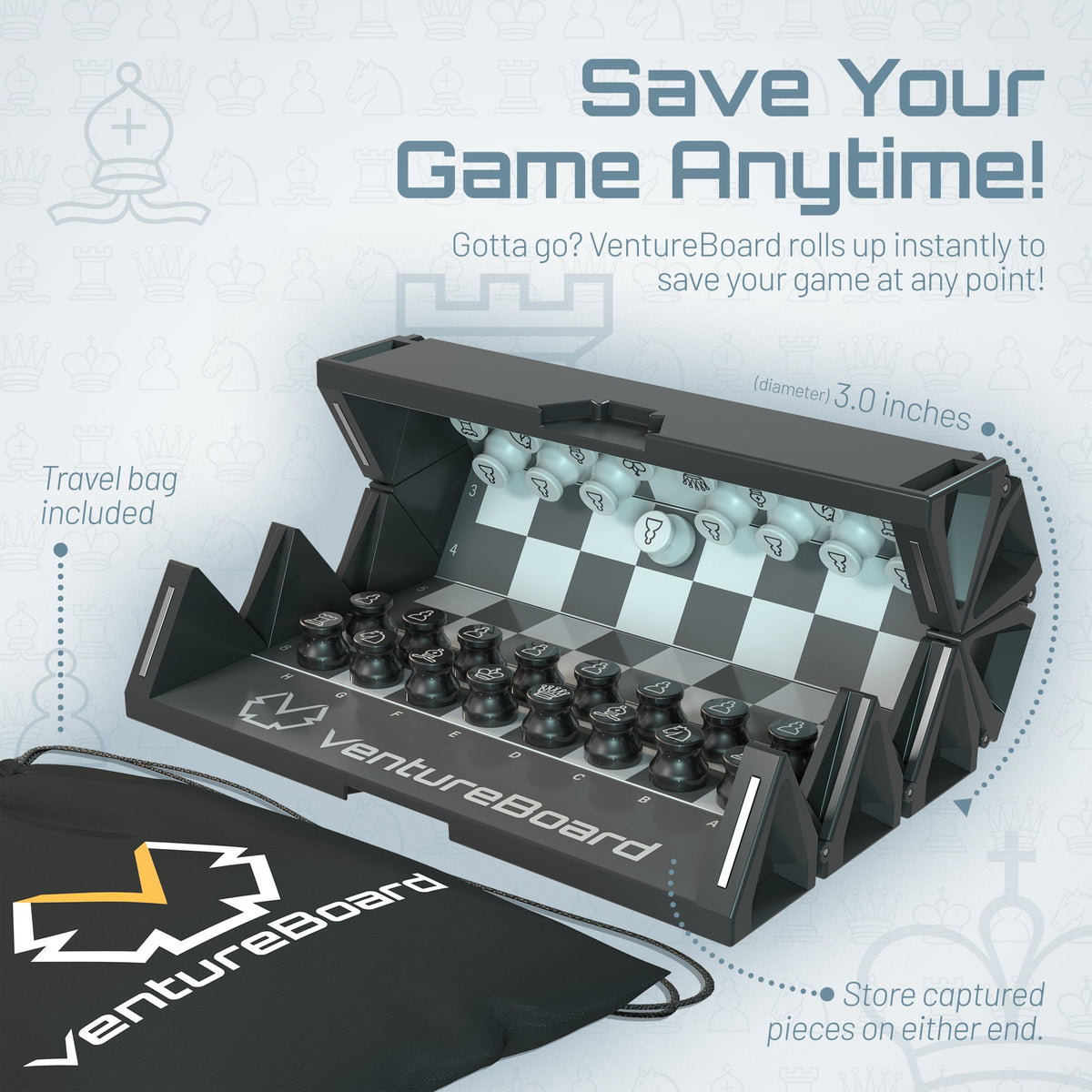 VentureBoard Mini Chess - Magnetic Roll-Up Travel Set, Noir