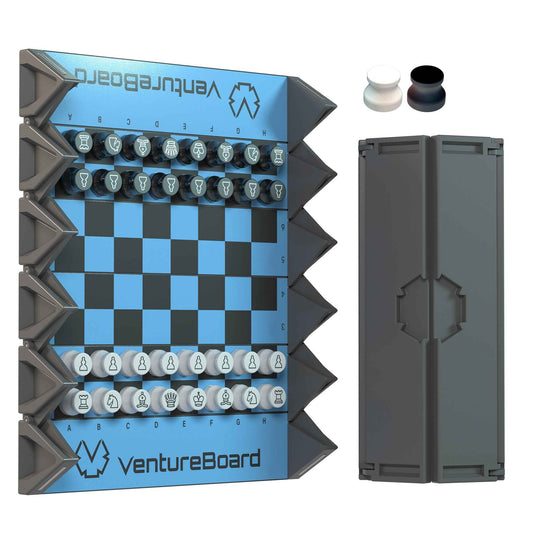 Folded gray chessboard case panel with blue checkered board and white magnetic pieces