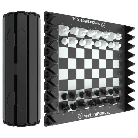 VentureBoard XL roll-up magnetic chess set with black checkerboard and white/dark pieces