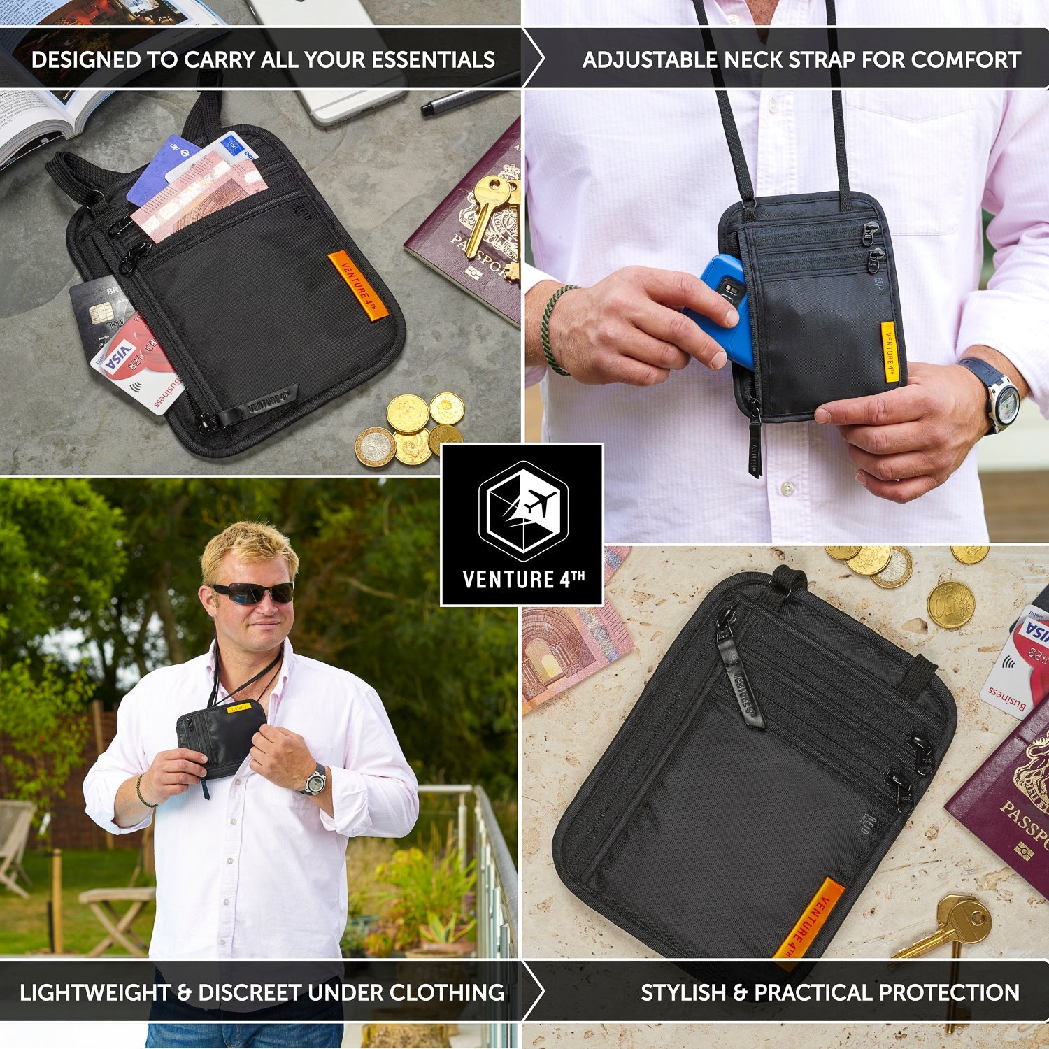 VENTURE 4TH Slim RFID Neck Wallet | Travel Passport Pouch | 5 Colors - Niksstuff
