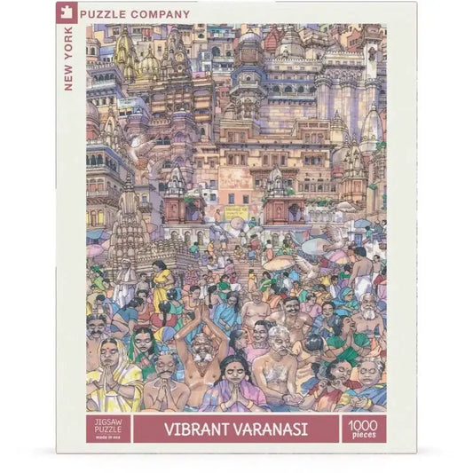 1000-piece jigsaw puzzle box, colorful temple and crowd artwork