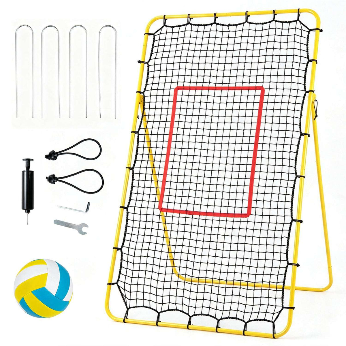 Volleyball rebounder net set with ball, pump, stakes, and accessories