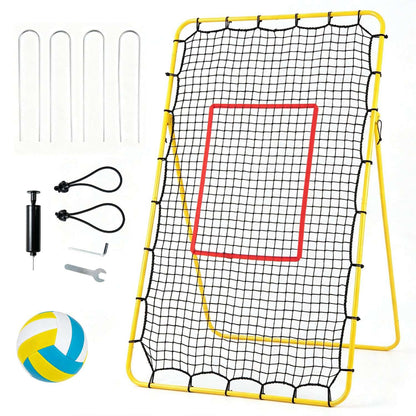 Volleyball rebounder net set with ball, pump, stakes, and accessories