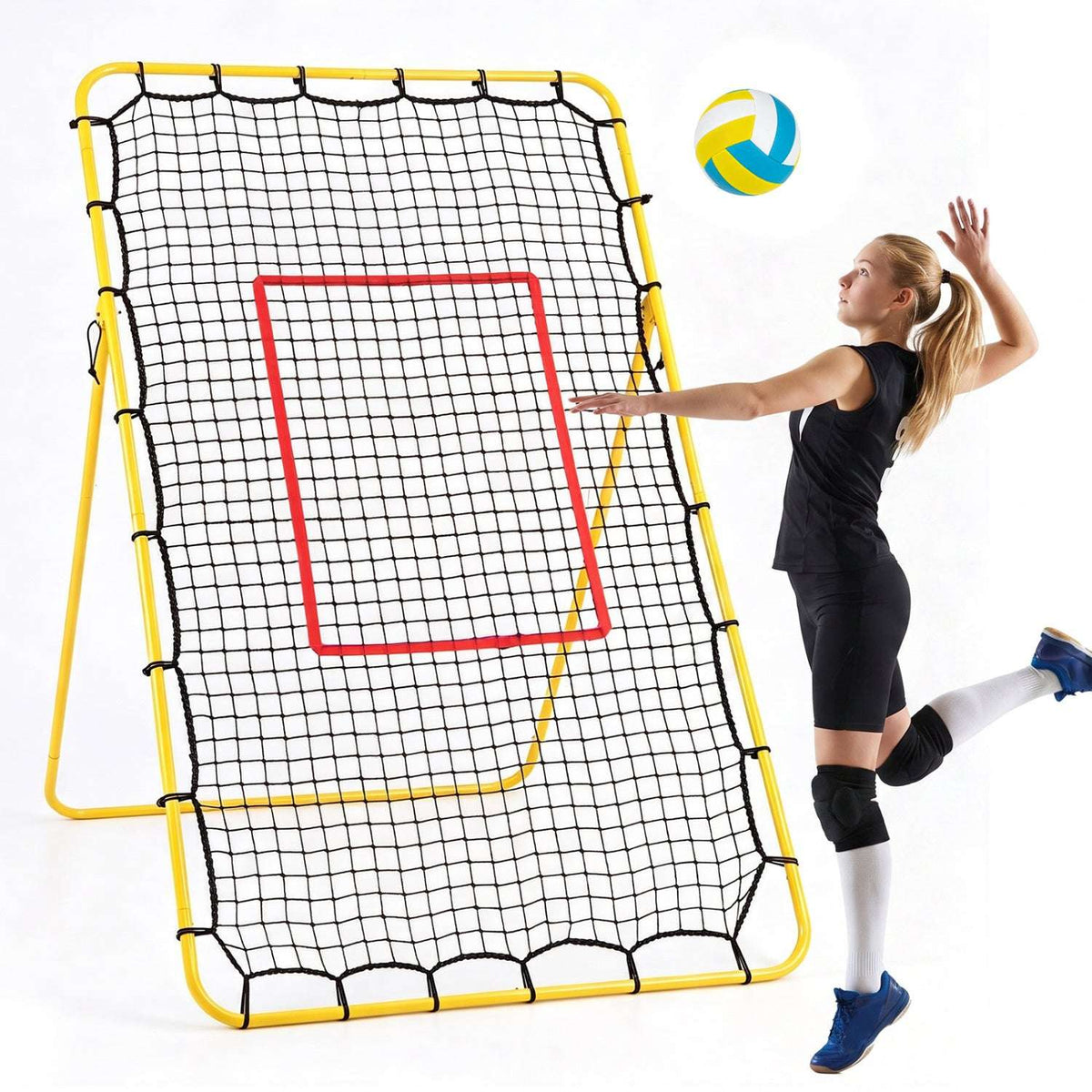 Yellow-frame volleyball rebounder net with red target panel