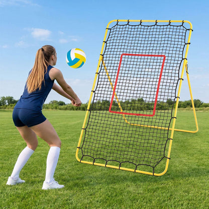 Volleyball rebounder net with yellow frame and red target panel
