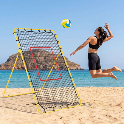 Adjustable volleyball rebounder net with black mesh and red target