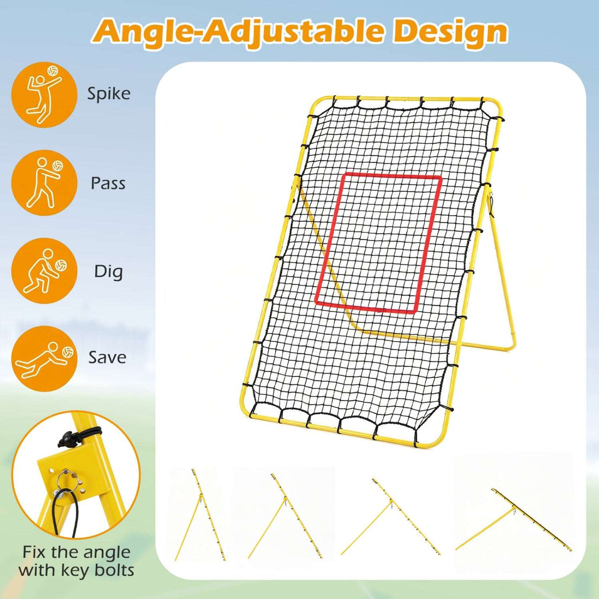 Angle-adjustable volleyball rebounder net with four setup positions