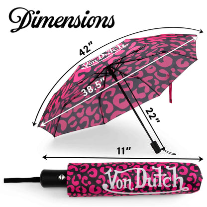 Von Dutch Hot Pink Cheetah Compact Automatic Umbrella