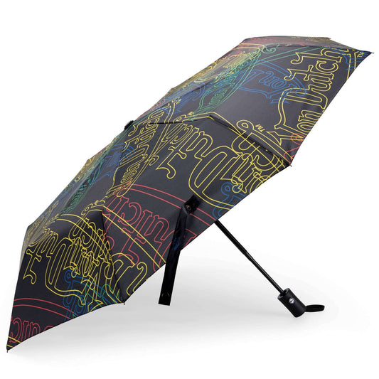 Compact automatic umbrella with neon logo print, dark canopy, black handle and frame.