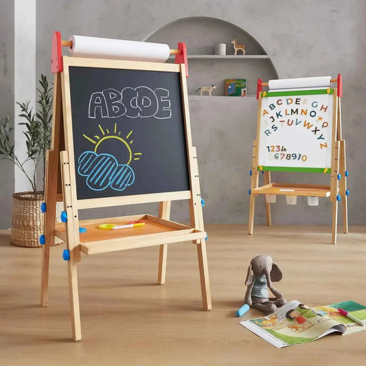 Kids 3-in-1 art easel in wood with red clips, chalkboard panel, and paper roll holder