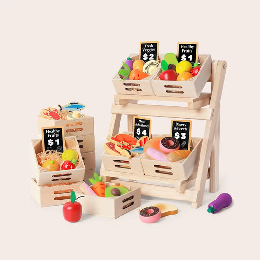 Wooden pretend food set with tall storage rack and assorted grocery crates