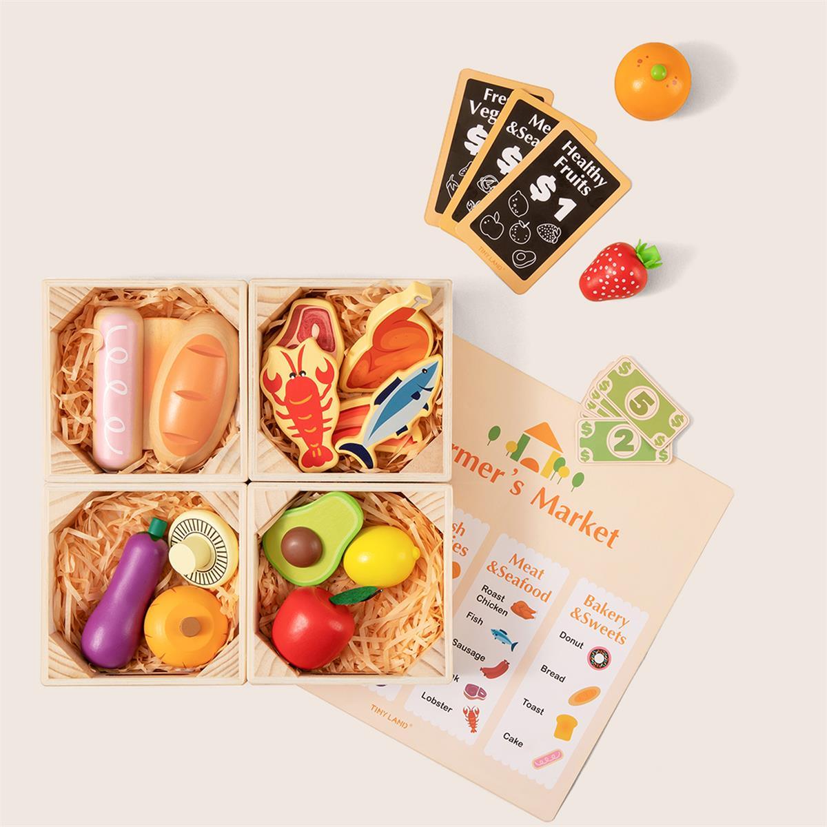 Tiny Land Wooden Play Food Set with Storage Rack - 30+ Pcs