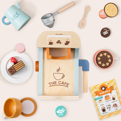 Tiny Land Wooden Play Coffee Maker Set - 16-Piece Kids Café Toy