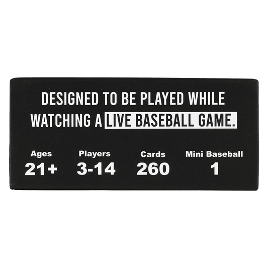 Black game box back panel with play info: Ages 21+, Players 3–14, Cards 260, Mini Baseball 1
