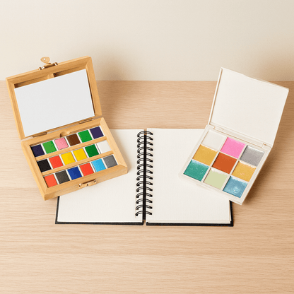 Watercolor Essentials Bundle – Bamboo Case Paints, 9 Metallic Watercolors & Cotton Rag Pad | Natural Pigments | Gift