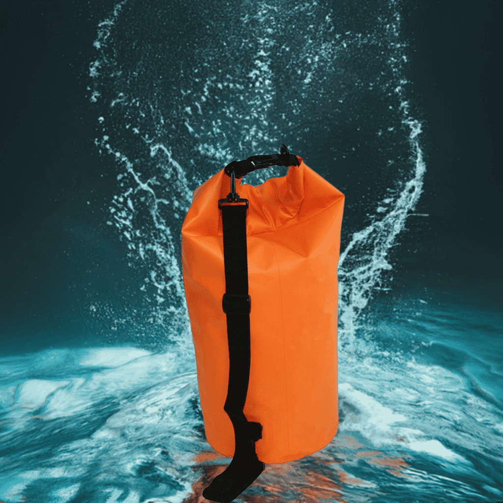 Orange waterproof dry bag with roll-top and black strap, upright with carry handle
