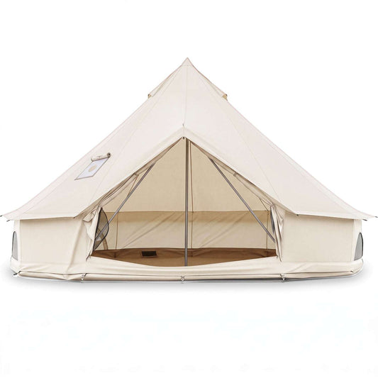Beige bell tent with stove jack and mesh windows, open front and poles visible