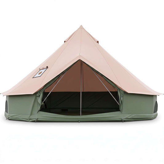 Bell tent with stove jack, pink fly and green base, front open doorway