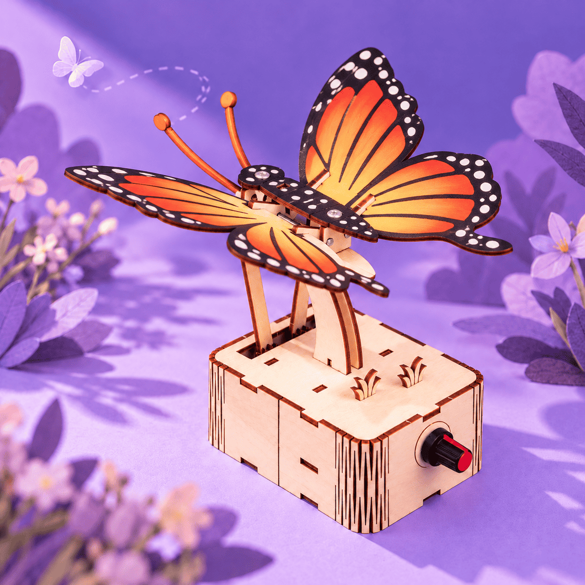 Wooden mechanical butterfly DIY kit with flapping wings and motor base