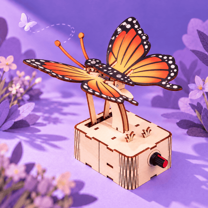 Wooden mechanical butterfly DIY kit with flapping wings and motor base