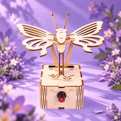 Wooden mechanical butterfly kit with wing frame and rotary knob control