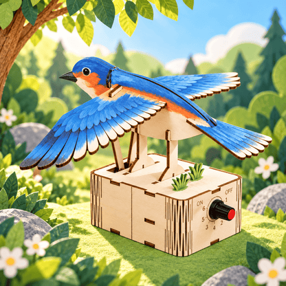 Wooden DIY flapping bird mechanical model kit with blue painted bird wings