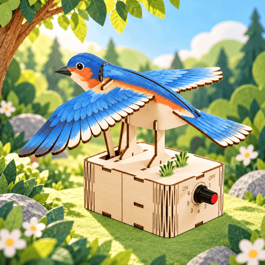 Wooden DIY flapping bird mechanical model kit with blue painted bird wings