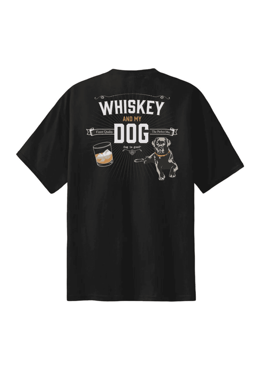 Black cotton T-shirt with “WHISKEY AND MY DOG” back graphic and dog illustration