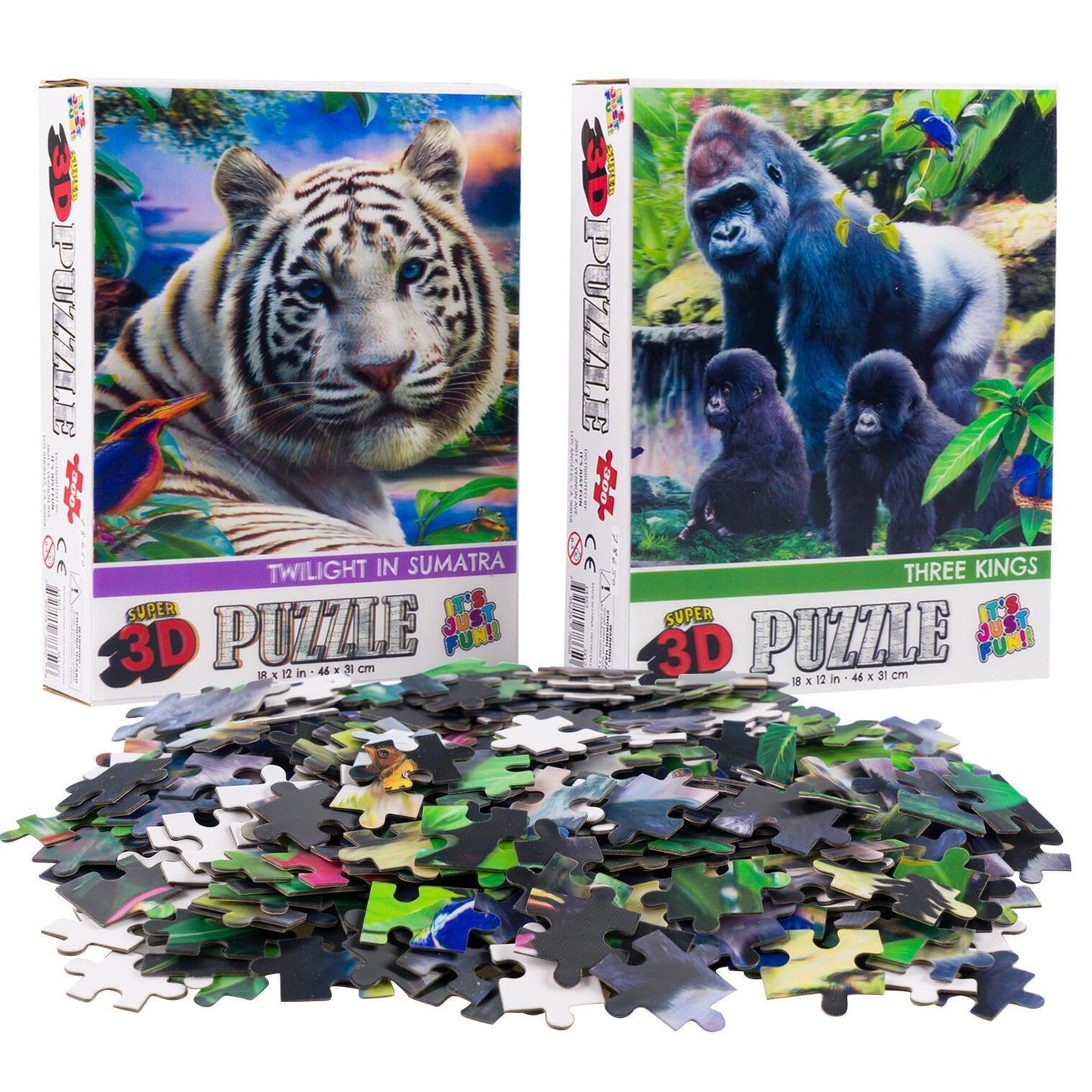 White Tiger & Gorillas 3D Lenticular Jigsaw Puzzle Set | 2 x 300 Pieces | 18"x12" | Ages 6+ - Niksstuff