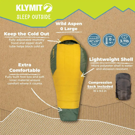 Yellow mummy sleeping bag with dark green bottom; includes matching compression sack